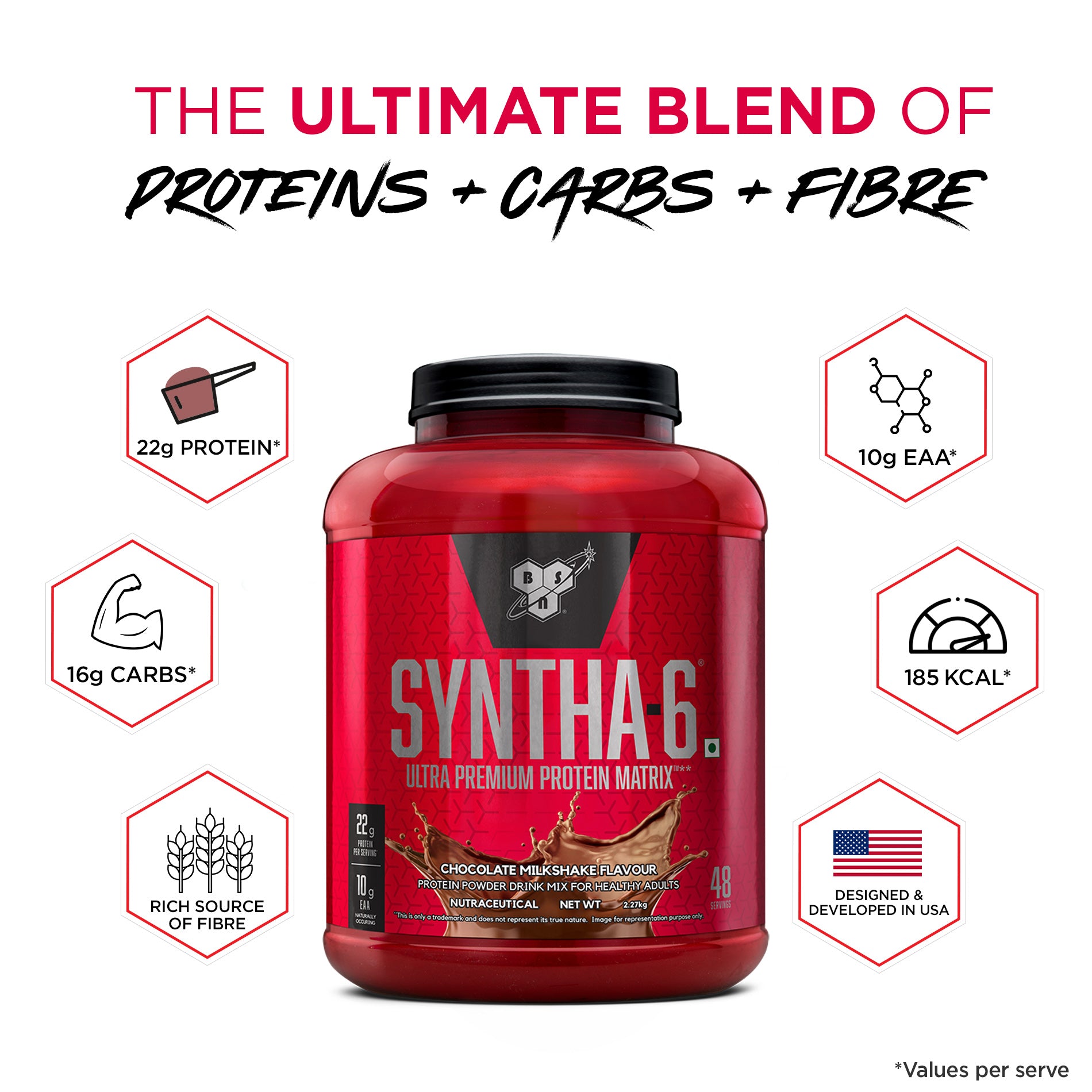 BSN Syntha 6 Protein Powder - 5 lbs, 2.27kg (Chocolate Milkshake), Ultra Premium Protein Matrix (Whey Protein, Micellar Casein), for Muscle Recovery., 5 lbs — photo 2