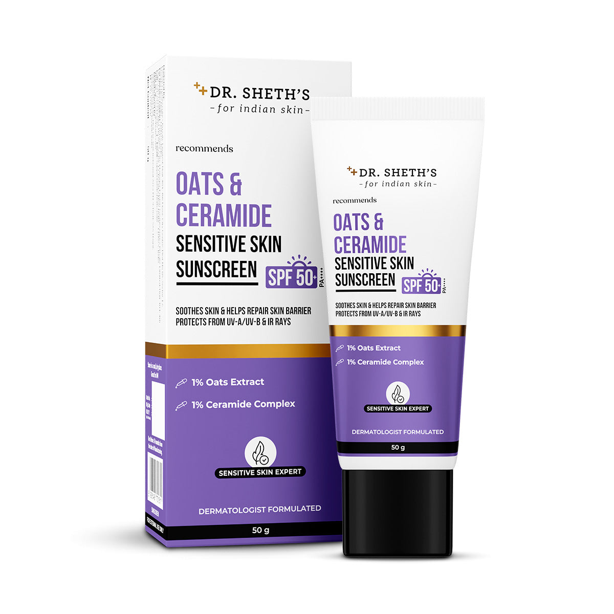 DR.SHETH"S OATS & CERAMIDE SENSITIVE SKIN SUNSCREEN SPF 50+PA++++ 50G