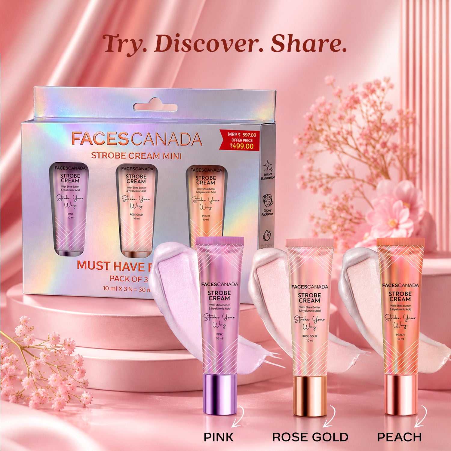 Faces Canada Strobe Cream Mini - Pack of 3 - Rose Gold 10 ml, Pink 10 ml & Peach 10 ml — photo 2