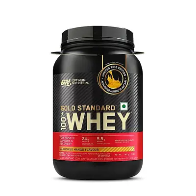 Optimum Nutrition (ON) Gold Standard 100% Whey Protein Powder 2 lb, 907g (Alphonso Mango), 2 lb