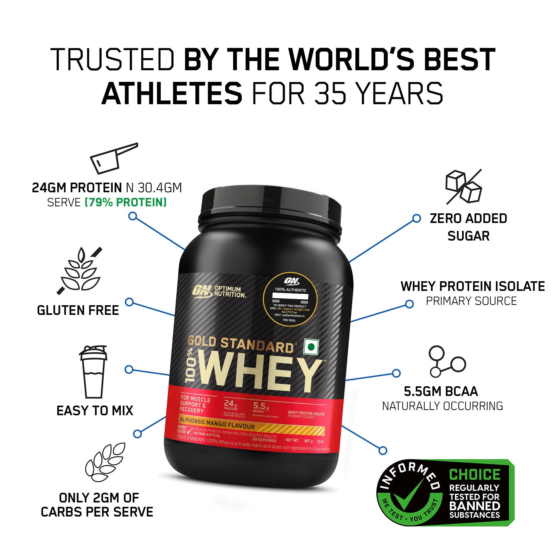 Optimum Nutrition (ON) Gold Standard 100% Whey Protein Powder 2 lb, 907g (Alphonso Mango), 2 lb — photo 3