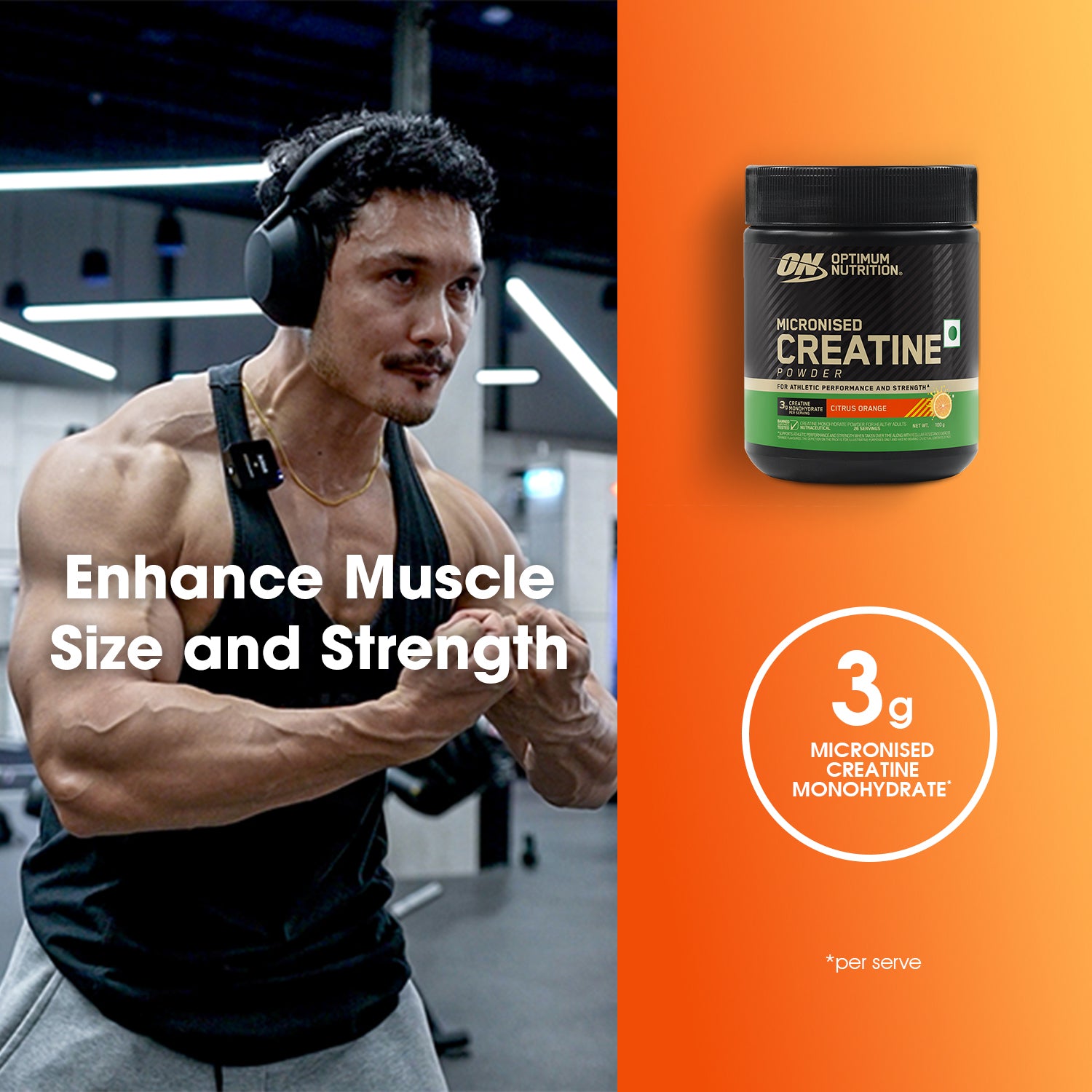 Optimum Nutrition (ON) Micronized Creatine Powder - 100g, Citrus Orange, 100g — photo 2