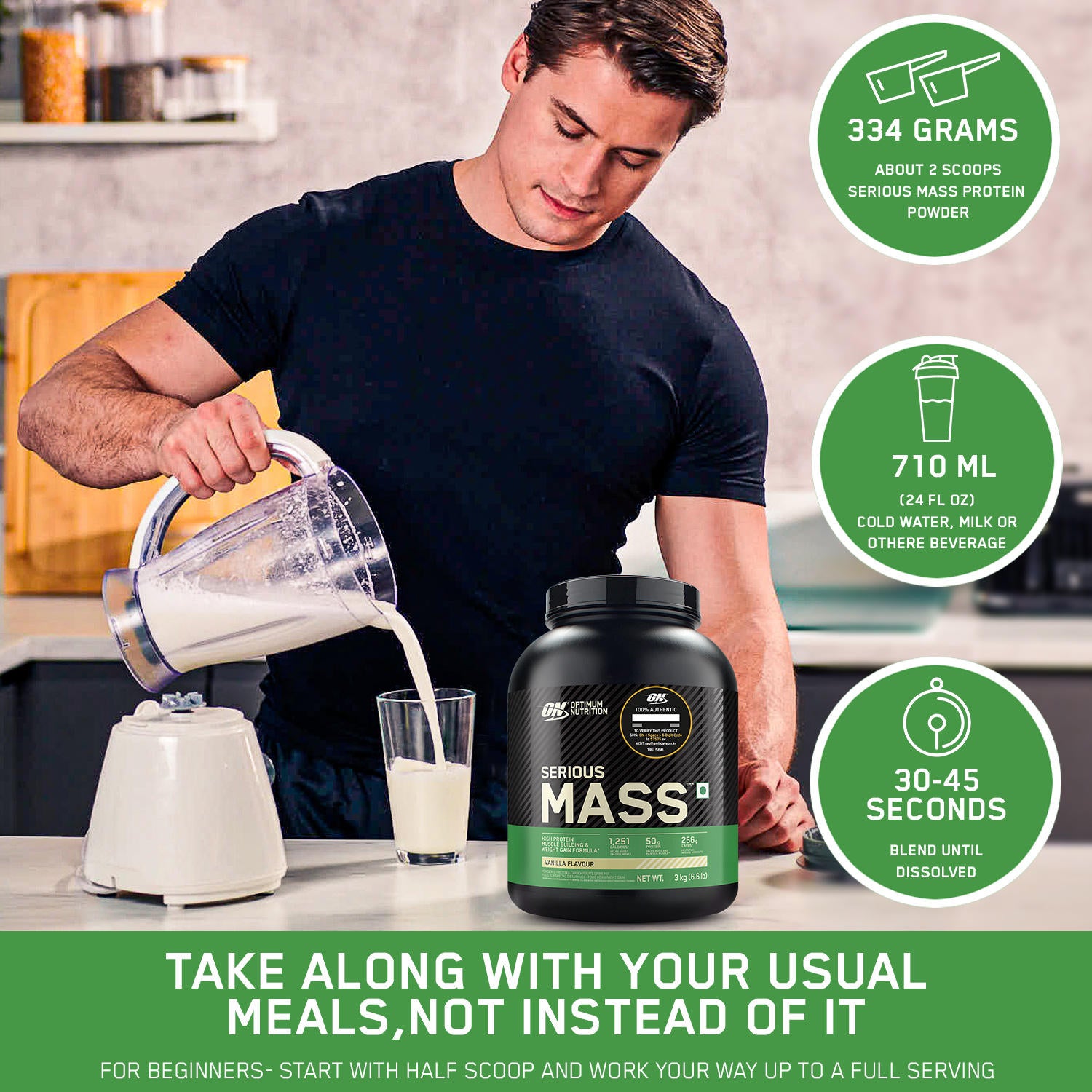 Optimum Nutrition Serious Mass Weight Gainer - Chocolate flavour - 3KG, 3KG — photo 4