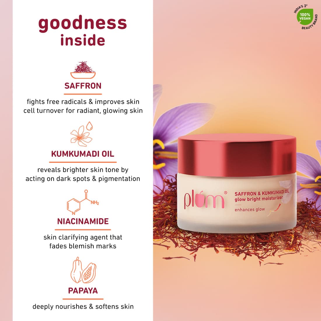 Plum Goodness Saffron & Kumkumadi Oil Glow Bright Moisturizer with SPF 35 (50 g) - Pack of 2 — photo 3