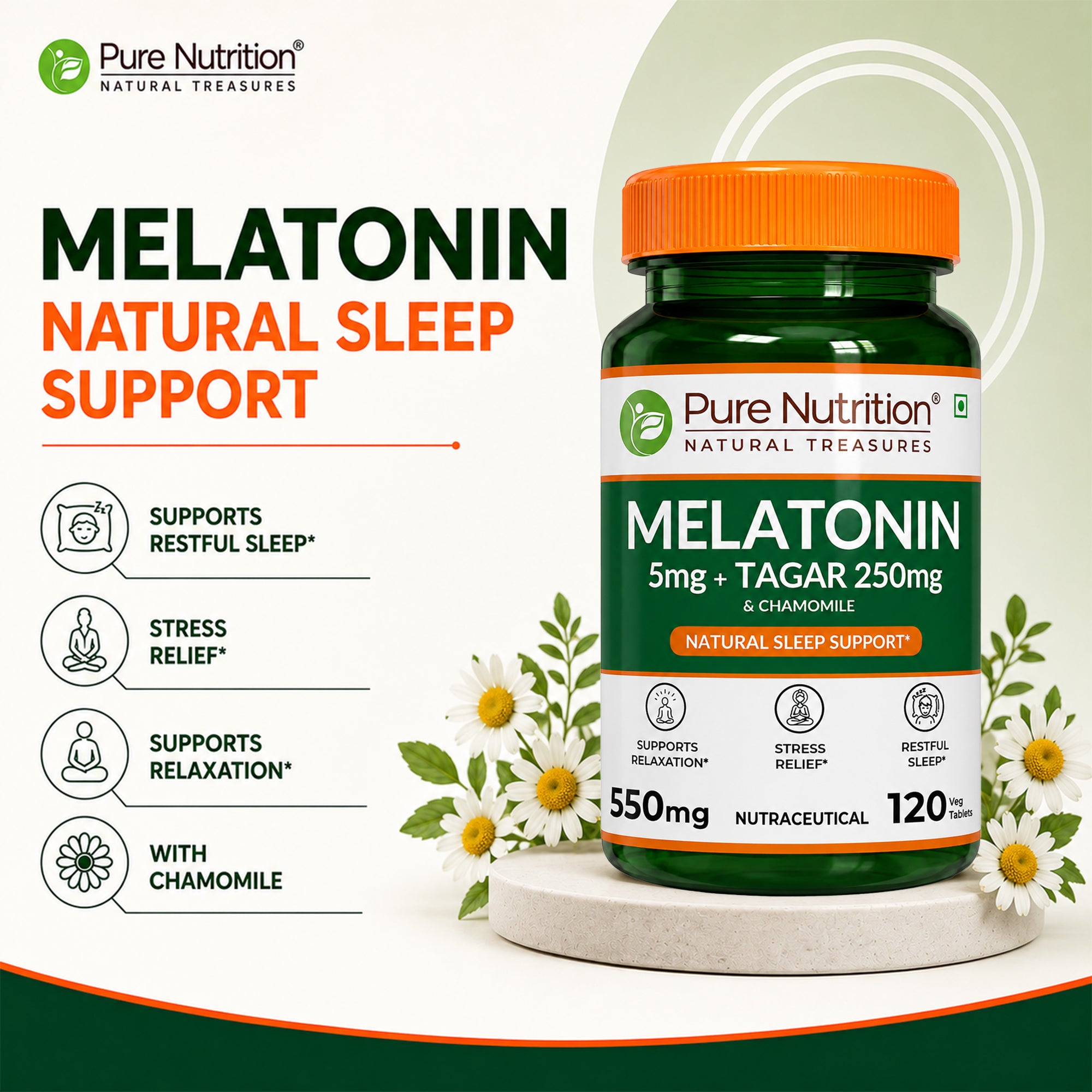 PURE NUTRITION MELATONIN 5MG+ TAGAR 250MG & CHAMOMILE 550MG 120N — photo 2