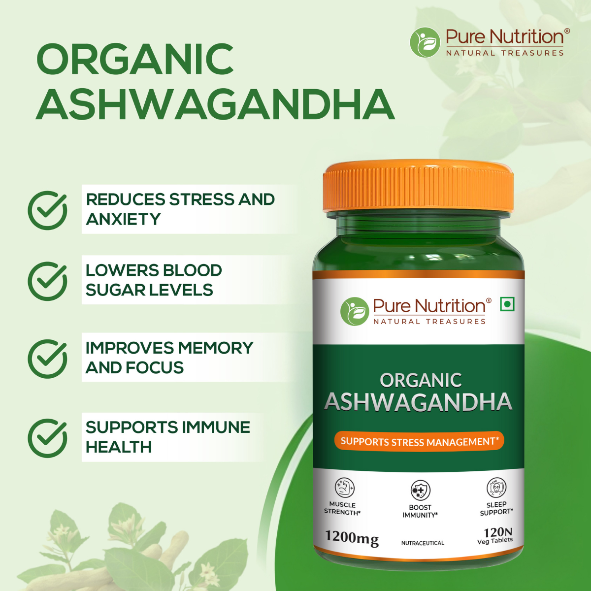 PURE NUTRITION ORGANIC ASHWAGANDHA 1200MG 120N — photo 4