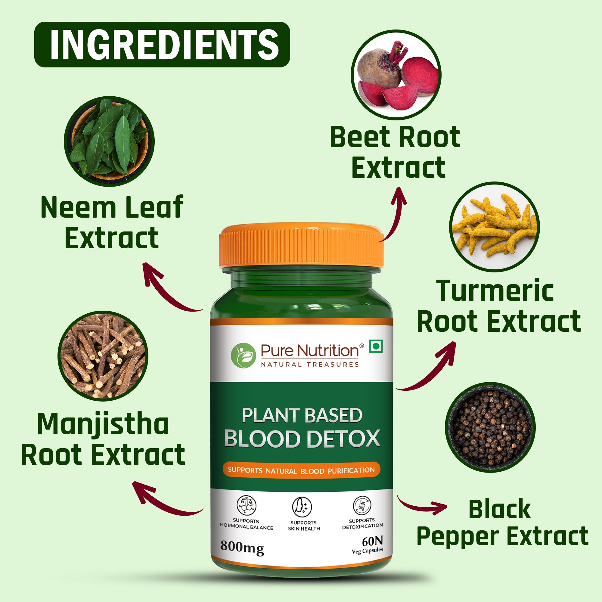 Pure Nutrition Plant-Based Blood Detox  Neem, Manjistha, Beetroot & Turmeric, 800mg — photo 4