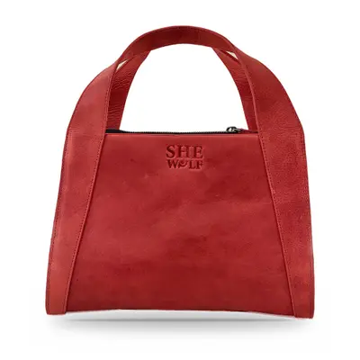 She-wolf Leather Handbag for Women, Zip-Top, Twin Handles and Embossed Logo, Crimson Velvet Red