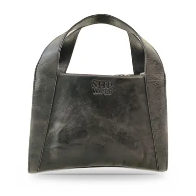 She-wolf Leather Handbag for Women, Zip-Top, Twin Handles and Embossed Logo, Noir Enigma Black