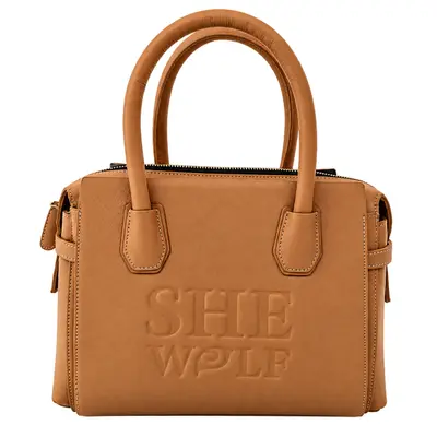 She-wolf Leather Tote Handbag for Women, Zip-Top, Twin Handles and Embossed Logo, Caramel Cloud Tan