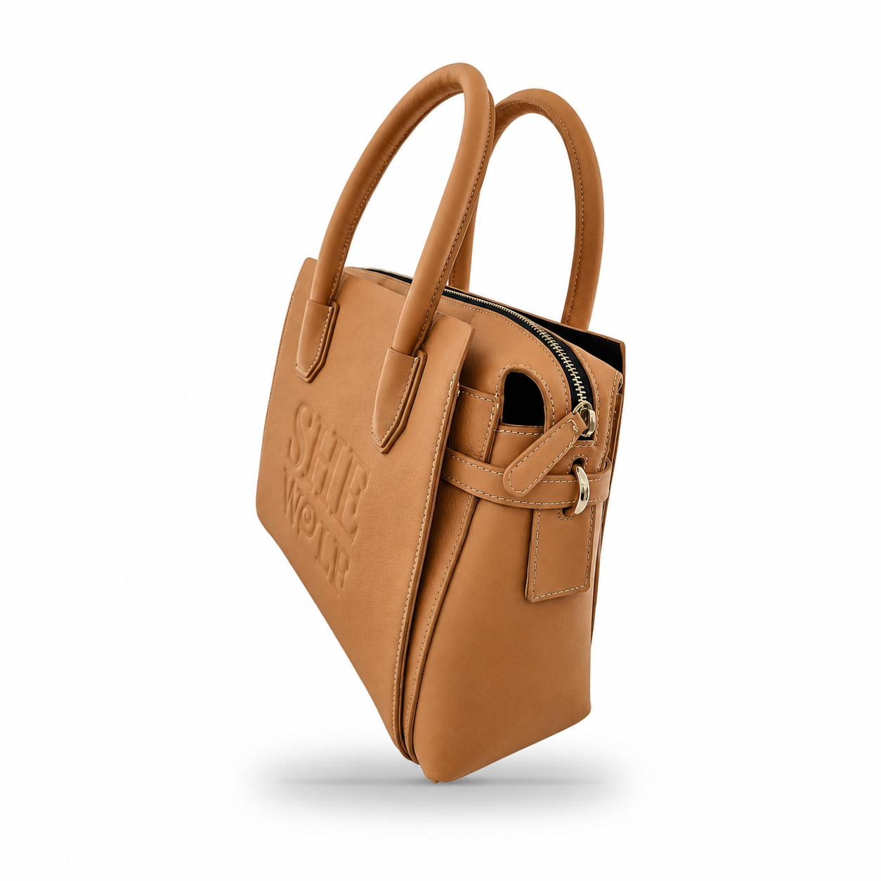 She-wolf Leather Tote Handbag for Women, Zip-Top, Twin Handles and Embossed Logo, Caramel Cloud Tan — photo 2