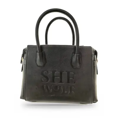 She-wolf Leather Tote Handbag for Women, Zip-Top, Twin Handles and Embossed Logo, Cosmic Coal Black