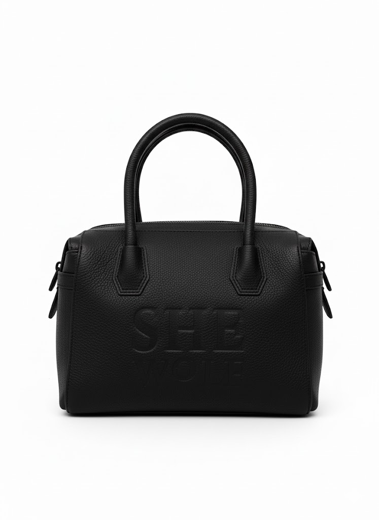 She-wolf Leather Tote Handbag for Women, Zip-Top, Twin Handles and Embossed Logo, Cosmic Coal Black — photo 2